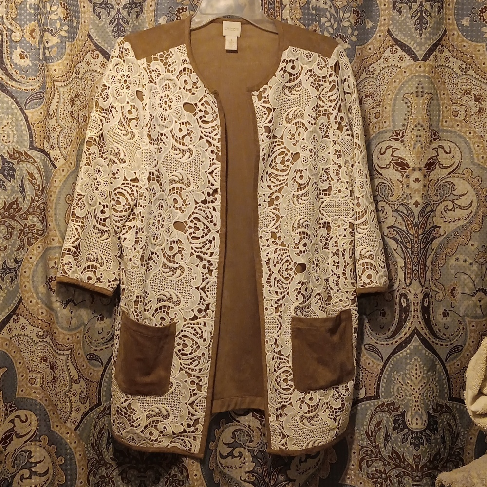 CHICO'S ladies Lace overlay faux suede jacket.